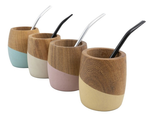 Imagen 2 de 4 de Mate De Madera Con Bombilla Pintado A Mano Diseño Moderno