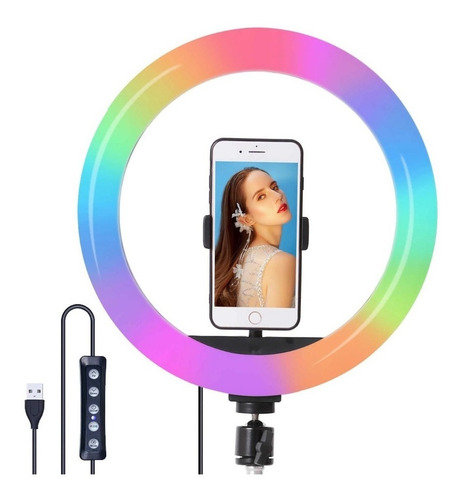 Imagen 3 de 9 de Aro Led 26 Cm Usb Rgb Para Celular + Trípode