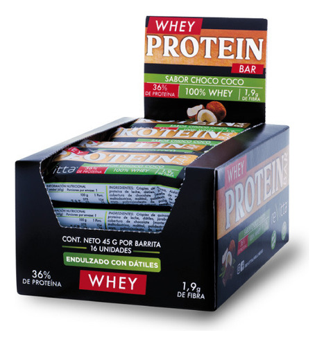 Caja 16 Barritas 100% Whey Revitta Protein Bar 45 Grs Sabor Choco Coco