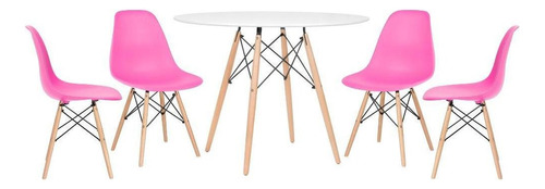 Conjunto Jantar Eames  Mesa 100 Cm 4 Cadeiras Eiffel Cores Cor Mesa Branco Com Cadeiras Rosa Pink