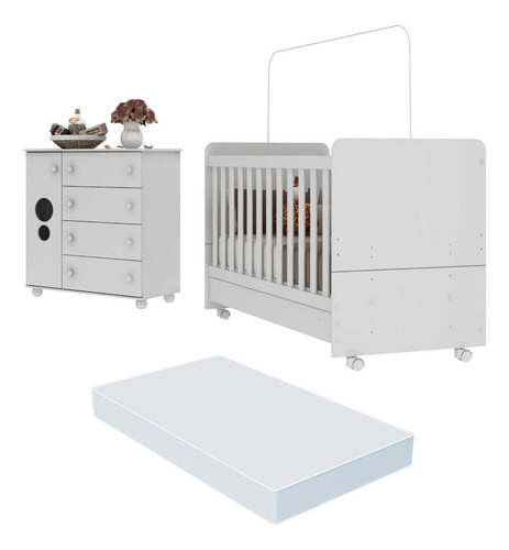 Quarto Infantil Berço com Colchão Incluso e Cômoda Multimóveis Pimpolho FG3570 Branco