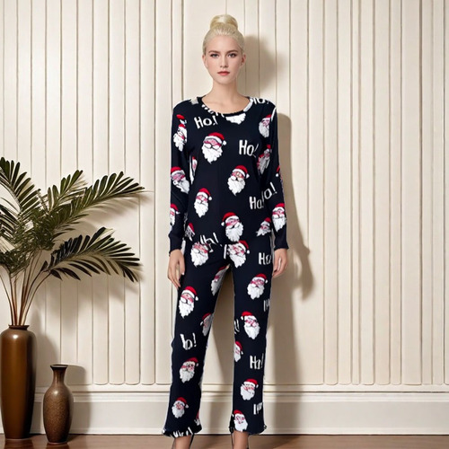 Pijama Casual Estampado De Manga Larga Con Cuello Redondo