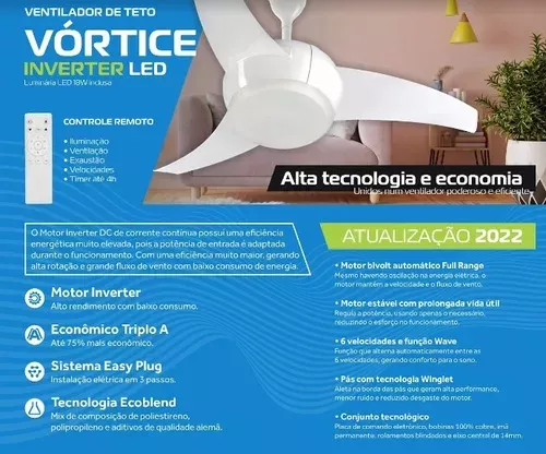 Ventilador de teto Ventisol Vórtice branco com 3 pás de plástico, 1000 mm  de diâmetro 127 V | Parcelamento sem juros