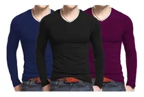 Comprar Kit 3 Camisetas Masculinas Gola V Slim Fit Manga Longa