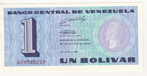 Imagen 1 de 2 de Billete Venezuela 1 Bolívar Octubre 5 1989 B8 Unc