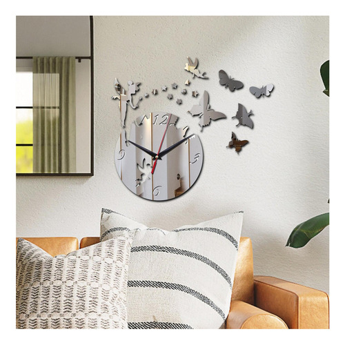 Reloj De Pared Con Espejo Mariposas Plateado Pegatinas Pared