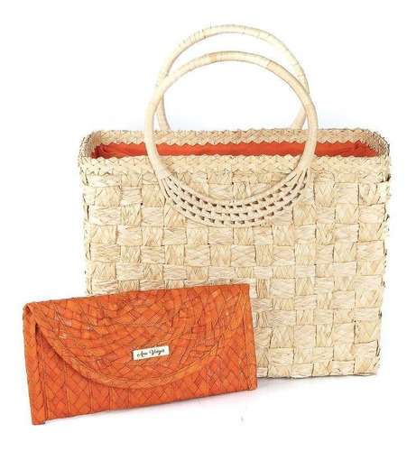 Kit Bolsa Feminina Palha Miami + Carteira Ubatuba Leve Cor Laranja