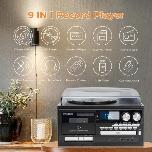 Tocadiscos Vintage 9 En 1 Bluetooth 3 Velocidades Usb Radio