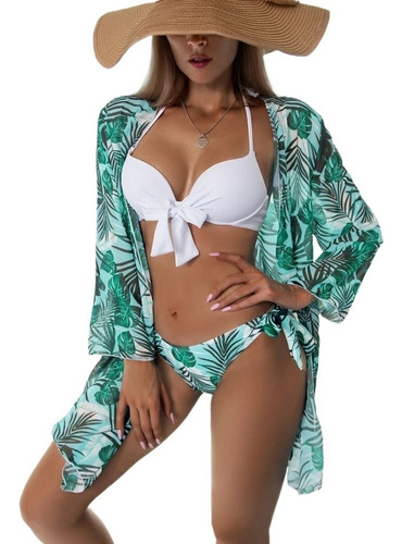 Conjunto De Bikini + Pareo De Playa Tipo Kimono Estampado