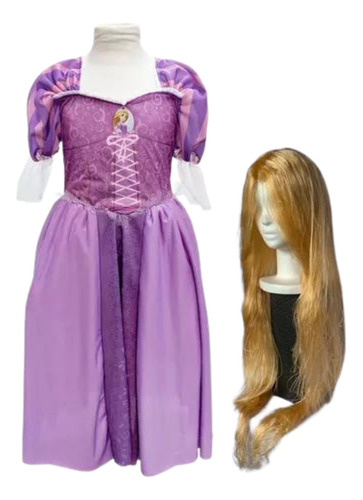 Disfraz Rapunzel Vestido + Peluca Lacio Rubio Enredados 
