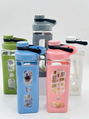 Garrafa Garrafinha Colorida Fitness C/ Figurinhas 870 Ml Cor Rosa