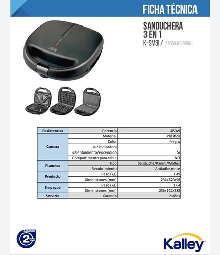Sanduchera Waflera Asador Panini Kalley 3 En 1