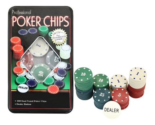 Poker Chips De 100 Fichas Estuche Lata Juego Casino Cg1021