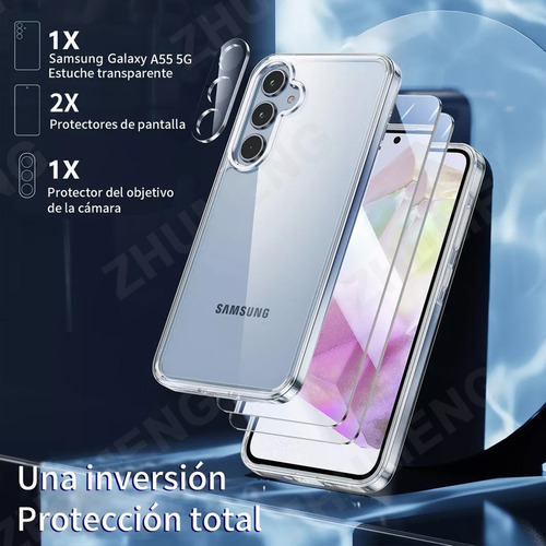 Funda 4 en 1 para Samsung Galaxy A55, incluye 2 protectores de pantalla HD, protector de cámara y carcasa trasera transparente antiamarilleo. Amortiguador de golpes y cristal templado.