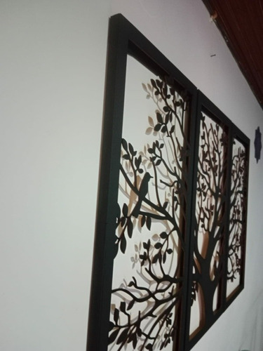 Imagen 4 de 5 de Cuadro Tríptico Árbol Con Pájaros Corte Láser Mdf De 2.5 Mm