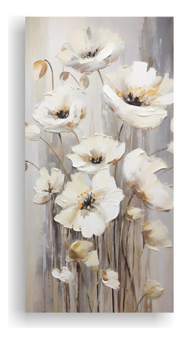 25x50cm Cuadro Pintura Blanca De Amapolas Bastidor Madera