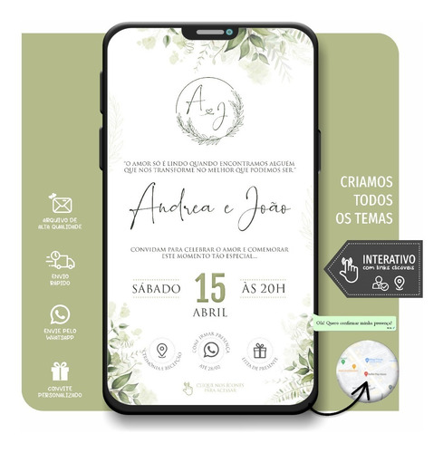 Convite Casamento Folhas Verdes Green Interativo Whatsapp 45