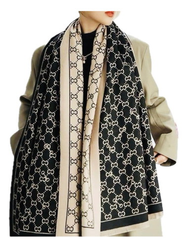 Cachecol Dupla Face Lã Cashmere Grife Preto Liso 170x70 Cm