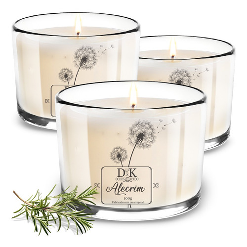 Imagem 1 de 2 de Kit 3 Velas Alecrim Aromática Decorativas Perfumada 100gr