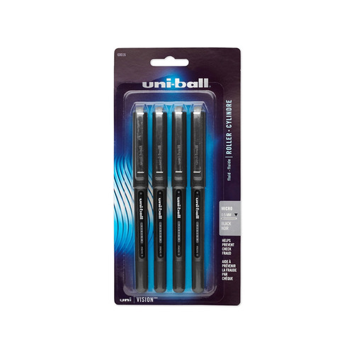 4 X Uni-ball Vision Rollerball Pens, Micro Point , Black