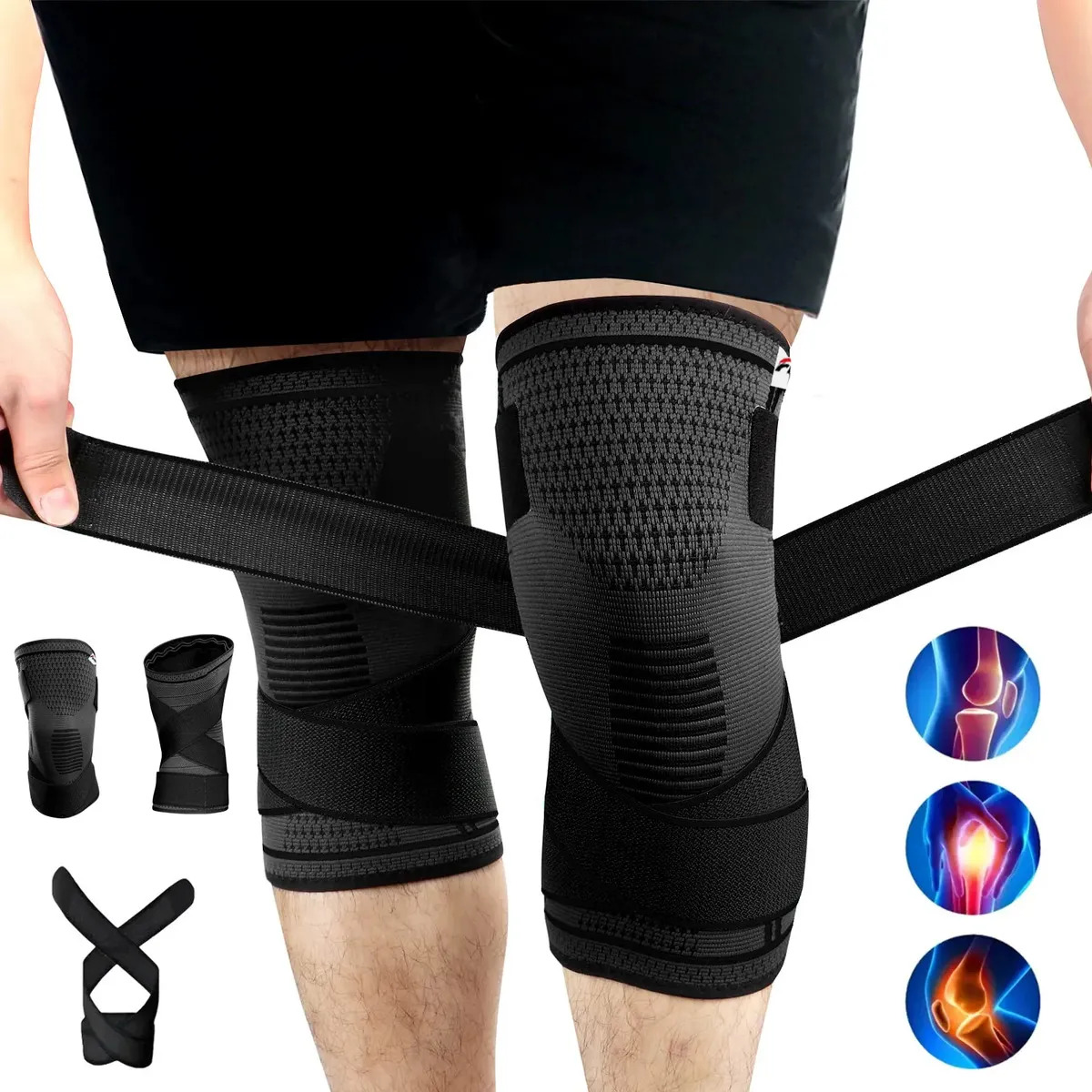 Rodillera Ortopédica de Compresión Ajustable, Par (2 Unidades), Soporte para Menisco y Ligamentos, Protector Estabilizador de Rodilla para Deporte, Correr, Gym y Levantamiento de Pesas