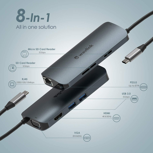 Hub Adaptador Usb-c A 8 Puertos | Hdmi / Vga / Sd / Ether...