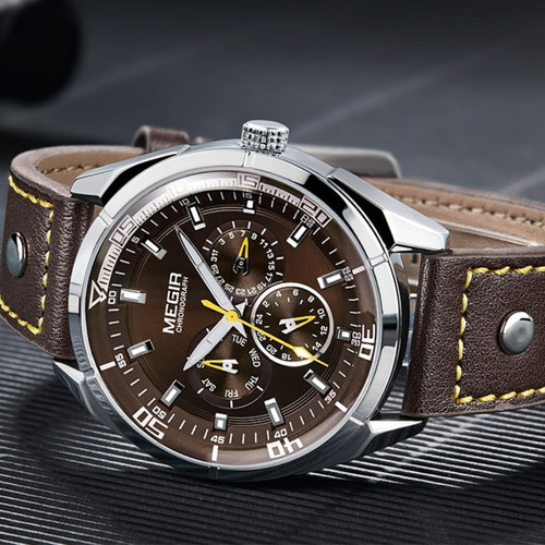 Reloj De Negocios Con Cronógrafo Luminoso De Cuero Megir Color Del Fondo Café