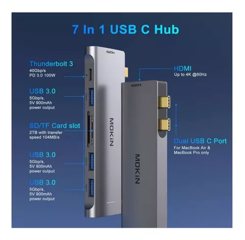  MOKiN Adaptador HDMI USB C Hub para MacBook Pro/Air, adaptador  USB C 7 en 1 con HDMI, lector de tarjetas SD/TF, puerto de datos USB C, 100  W PD y 2