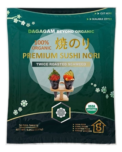 Alga Marina Tostada Orgánica, 50 Hojas Completas, Sushi Nori