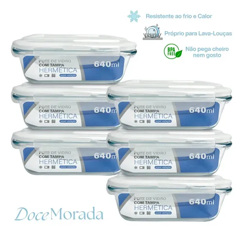 Kit 6 Potes Vidro Hermético 640ml Marmita Forno Micro-ondas