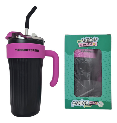 Caneca Copo Térmico Aço Inox 860ml Tampa Canudo Inox E Alça Cor Rosa Preto Liso