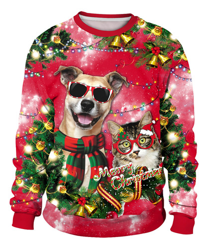 Jersey De Cuello Redondo Con Estampado Digital 3d De Perro De Navidad