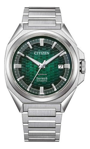 Citizen Automatic Green Series 8 Gmt Nb6050-51w Correa Plata Bisel Plata Fondo Verde