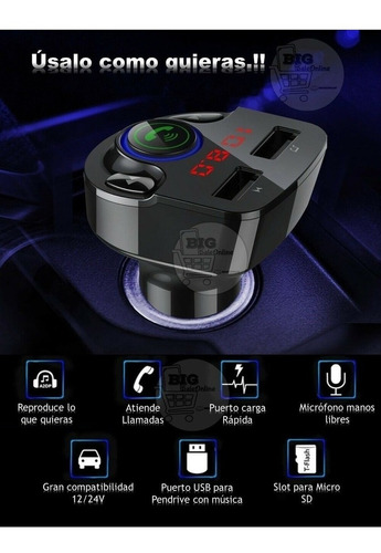 Adaptador Bluetooth Para Auto Transmisor Fm Reproductor Mp3