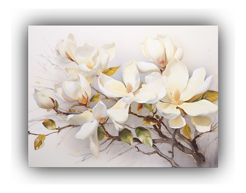 65x50cm Cuadro Decorativo Exclusivo Magnolias Oro Y Rosa