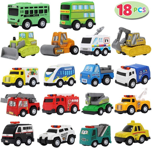 Juego De 18 Autos Y Camiones Coloridos Infantiles A Fricción 
