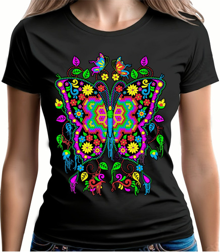 Playera Moda Mariposa Huichol Impresa Técnica Hilo Bordado