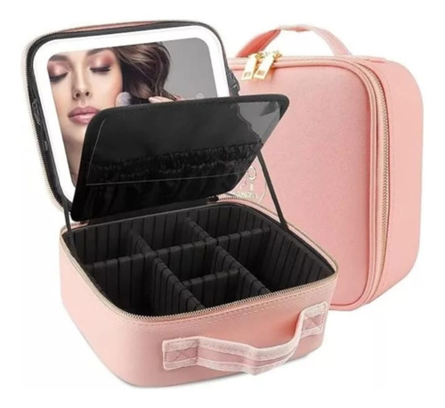 Maletin De Maquillaje Portacosmeticos Con Espejo De Luz Led Rosa