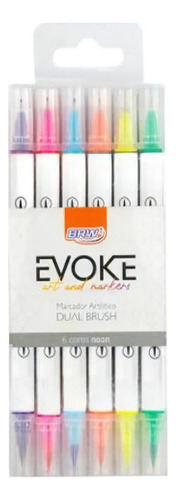 Marcador Artístico Evoke Dual Brush Neon Blister Com 6 Cores