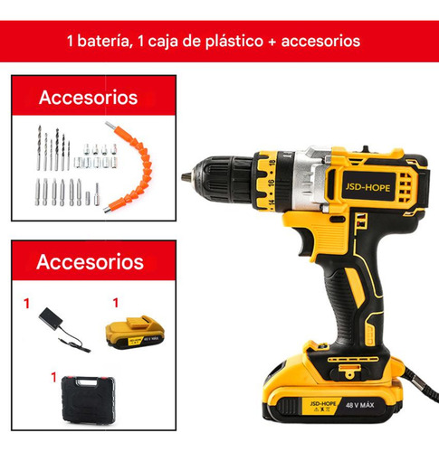 Taladro Atornillador Percutor Inalambrico Recargable Maletin Negro/amarillo 50hz/60hz