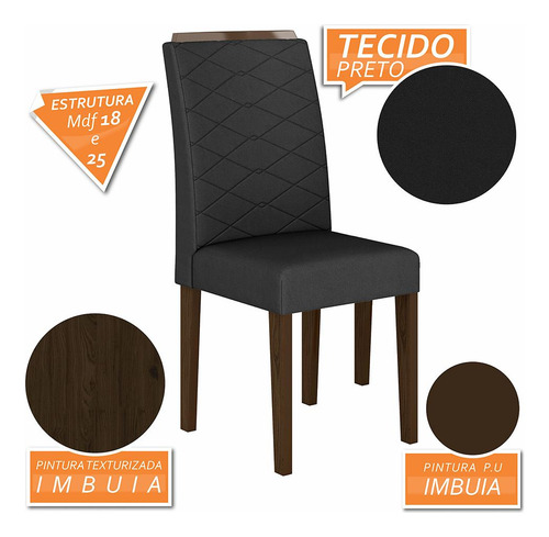Kit 4 Cadeiras Estofadas Kansas Imbuia/suede Preto - Ma Cor Imbuia/preto 06 Cor Da Estrutura Da Cadeira Marrom