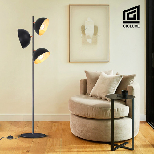 Lampara De Pie Orientable Moderna Campana 3 Luces Led E27 Estructura Negro Pantalla Negro/Cobre
