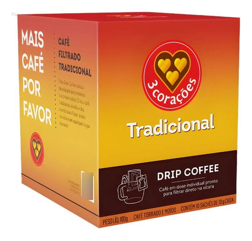 Café Drip Coffee Tres Corações Tradicional 10 Sachês