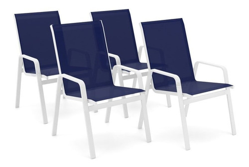 Kit 4 Cadeira Riviera Piscina Alumínio Branco Azul Escuro