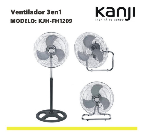 Ventilador 3 en 1 Kanji KJH-FH1209 turbo negro con 3 palas de metal, 18" de diámetro 220 V