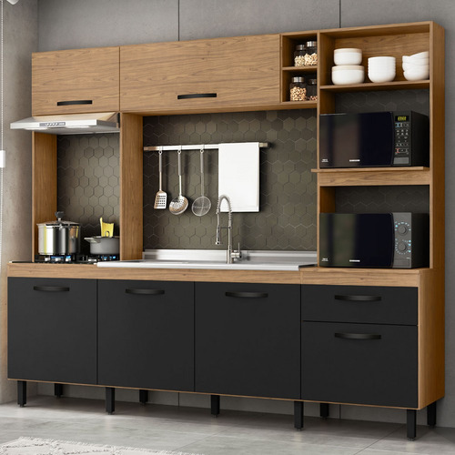 Cozinha Compacta Mavie 6 Portas Freijó Panorama Móveis Cor Preto
