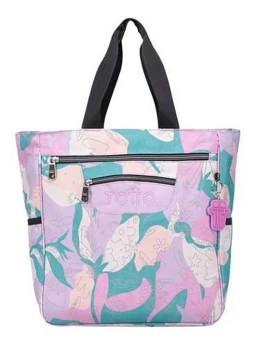 Bolsa shopper Totto Cutara dise o floreado rosa y verde asas color
