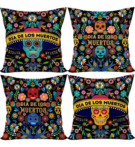 4 Fundas De Almohada De Día De Los Muertos De Calavera