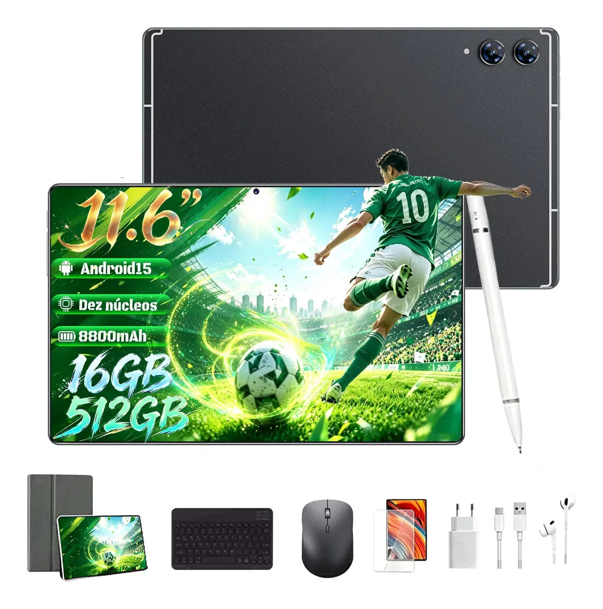 Tablet 512gb+16gb Ram Android 15 11.6'' Hd Tela Camera 48mp + 24mp Dual Sim Bateria 8800mah Dimensity9300 Com Caneta+teclado E Mouse
