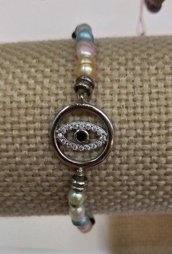 Pulsera De Resorte Ojo Turco Con Circonias Y Perlas